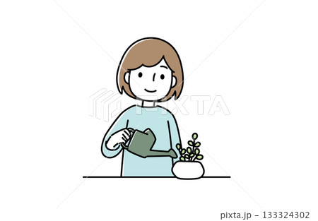 植物に水をあげる女性のイラスト 植物に水をあげる女性のイラスト 133324302