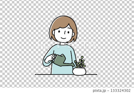 植物に水をあげる女性のイラスト 植物に水をあげる女性のイラスト 133324302