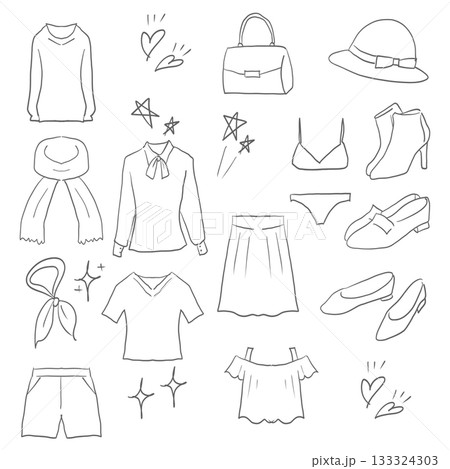 服や小物にまつわる手描きイラストセット(女性) 服や小物にまつわる手描きイラストセット(女性) 133324303
