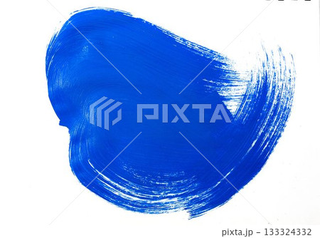 Curved cobalt blue brushstroke sweeping across white canvas in flat illustration, copy space 133324332