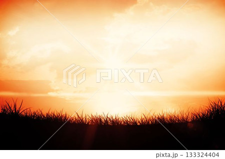 Flat design showing sun radiating beams over grass silhouette with orange sky and scattered clouds Flat design showing sun radiating beams over grass silhouette with orange sky and scattered clouds 133324404