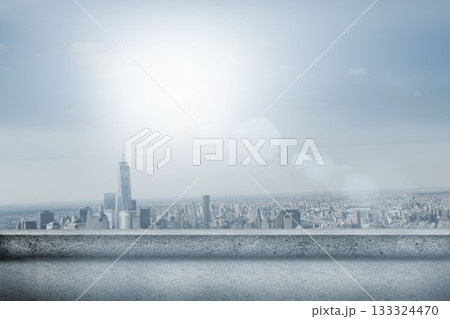 Panoramic city skyline is showing from rooftop terrace in flat design, with railing and lens flare 133324470