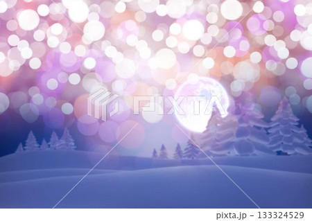 Full moon is glowing behind fir trees in flat design snowy hills with pastel bokeh 133324529