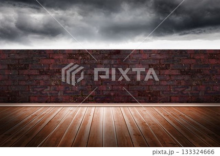 Weathered brick wall rising from wooden floorboards under stormy cloudscape, flat design Weathered brick wall rising from wooden floorboards under stormy cloudscape, flat design 133324666