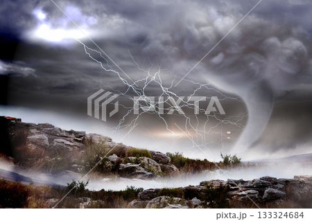 Stormy sky with tornado over landscape 133324684