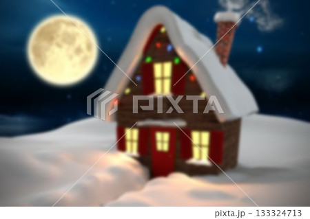 Flat-style wooden cabin is sitting amid snowdrifts with red shutters, string lights, smoke and moon Flat-style wooden cabin is sitting amid snowdrifts with red shutters, string lights, smoke and moon 133324713