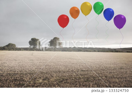 Seven colored balloons are hovering above harvested field under grey sky in flat design style Seven colored balloons are hovering above harvested field under grey sky in flat design style 133324750