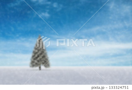 Solitary evergreen tree standing on snow-covered plain under drifting snowflakes, flat design 133324751