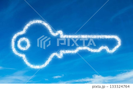 Clouds are forming sharp key shape in flat design illustration against bright blue sky, copy space 133324764