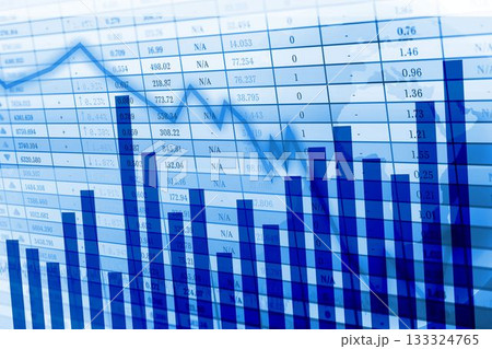 Blue flat visualization showing bar chart and downward arrow over data grid with world map overlay Blue flat visualization showing bar chart and downward arrow over data grid with world map overlay 133324765