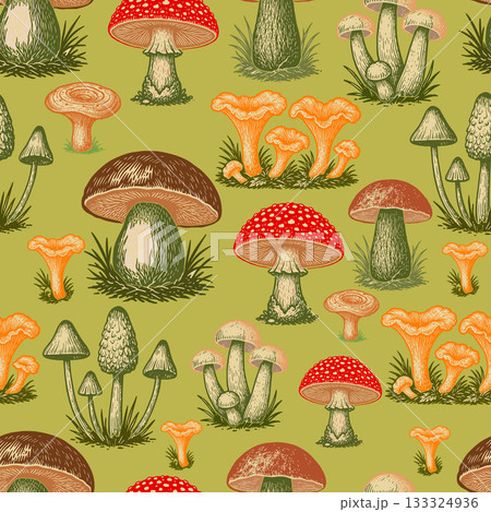 Seamless pattern mushroom background. Hand drawn. Not AI, vector illustration. Seamless pattern mushroom background. Hand drawn. Not AI, vector illustration. 133324936