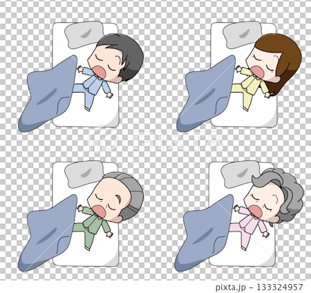 一組四幅成年人睡姿不良的插圖。 一組四幅成年人睡姿不良的插圖。 133324957