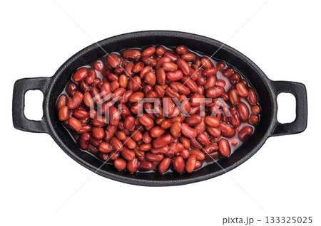 Hearty portion of red kidney beans stewed in a dark cast iron skillet. A rich, protein-packed, healthy meal concept. Overhead view. 133325025