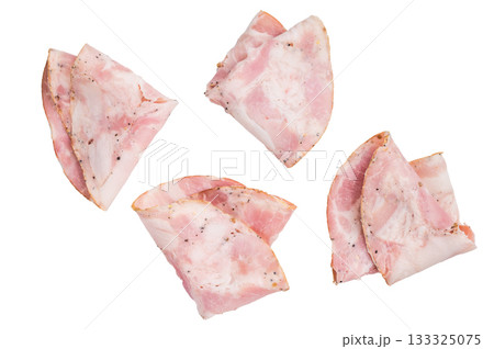 Overhead shot of premium deli meat slices (likely ham or turkey roll) ready to serve as an appetizer or luncheon. 133325075
