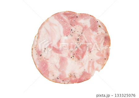 Overhead shot of premium deli meat slices (likely ham or turkey roll) ready to serve as an appetizer or luncheon. 133325076