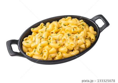 Savory mac and cheese presented in a cast iron dish, minimal white background highlights the rich texture. 133325078