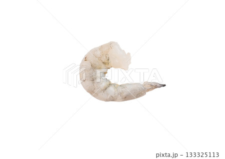 Premium raw peeled shrimp prawn on a light background. Fresh seafood ingredient for gourmet cooking and healthy protein meals. 133325113