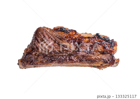 Isolated Beef Short Rib, Extreme close-up of a single, glazed beef rib on the bone, isolated on a clean white background. Isolated Beef Short Rib, Extreme close-up of a single, glazed beef rib on the bone, isolated on a clean white background. 133325117
