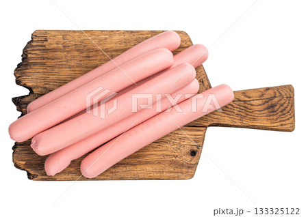 Four raw pink hot dog sausages (franks/wieners) isolated on a clean white background. Perfect for food ads, packaging, or recipe content. 133325122