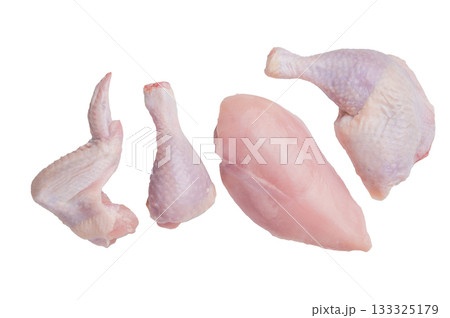 Assortment of raw chicken cuts: breast, wing, drumstick, and leg quarter, isolated on a clean white background. High-protein meat. 133325179