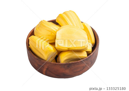 Golden yellow jackfruit pods (bulbs) served as a pile on a clean white background, sweet, peeled, tropical and exotic fruit. Golden yellow jackfruit pods (bulbs) served as a pile on a clean white background, sweet, peeled, tropical and exotic fruit. 133325180