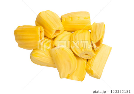 Golden yellow jackfruit pods (bulbs) served as a pile on a clean white background, sweet, peeled, tropical and exotic fruit. Golden yellow jackfruit pods (bulbs) served as a pile on a clean white background, sweet, peeled, tropical and exotic fruit. 133325181
