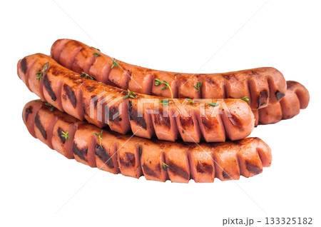 Delicious fried grilled meat sausage, ready to eat. Isolated on white for versatile advertising campaigns, recipe cards, or flyers. Delicious fried grilled meat sausage, ready to eat. Isolated on white for versatile advertising campaigns, recipe cards, or flyers. 133325182