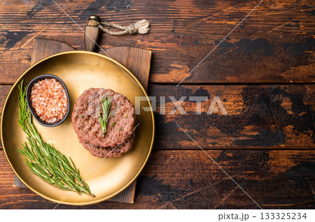 BBQ roasted hamburger chopped meat steaks patties with rosemary. wooden background. top view 133325234