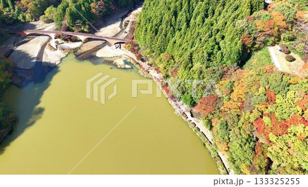 空撮した秋の碓氷湖紅葉風景 133325255