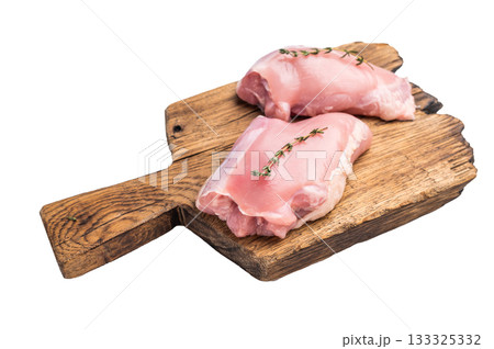 Chicken thigh fillet, raw Skinless boneless poultry meat isolated on white background 133325332