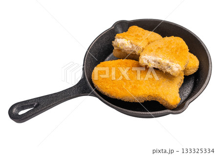 Breaded gold Fish sticks in pan isolated on white background. top view Breaded gold Fish sticks in pan isolated on white background. top view 133325334