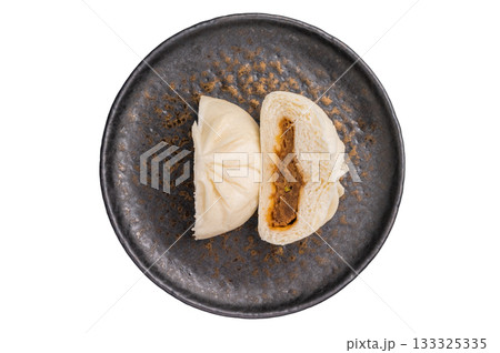 Baozi Bun, Chinese Steamed bun with meat on plate isolated on white background. top view Baozi Bun, Chinese Steamed bun with meat on plate isolated on white background. top view 133325335