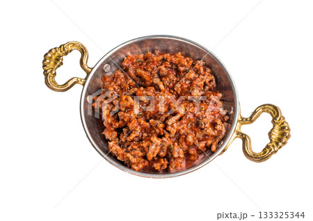 Fried minced beef with tomato paste, Bolognese sauce in a skillet isolated on white background Fried minced beef with tomato paste, Bolognese sauce in a skillet isolated on white background 133325344