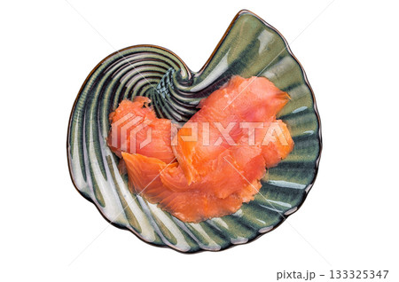 Slices of smoked salmon, trout isolated on white background. top view Slices of smoked salmon, trout isolated on white background. top view 133325347