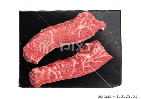 Raw Steak from Black Angus beef meat isolated on white background 133325353
