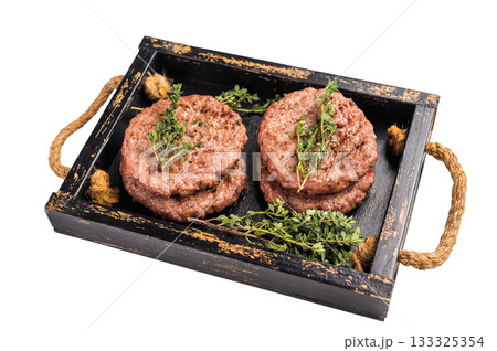 Grilled hamburger mince meat patties with herbs isolated on white background Grilled hamburger mince meat patties with herbs isolated on white background 133325354