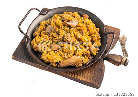 Arabic national rice food pilaf cooked with roast meat isolated on white background 133325355