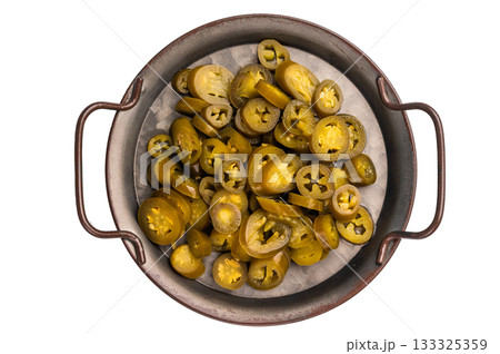 Pickled Jalapeno, Marinated Green Mexican pepper Slices in a tray isolated on white background 133325359