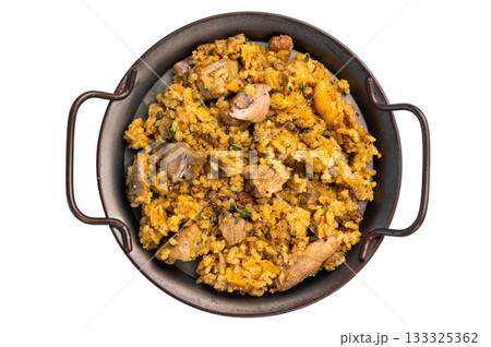 Serbian rice with beef meat, vegetables in a plate isolated on white background 133325362