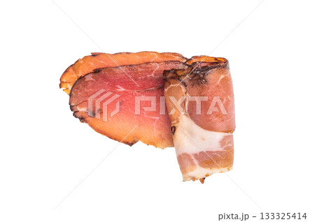 Sliced Spanish jamon iberico isolated on white background. top view 133325414