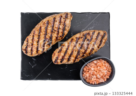 Grilled lula kebabs, perfect for an authentic Middle Eastern feast. isolated on white background. top view 133325444