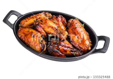 Grilled chicken wings smothered in sweet and sour sauce, poultry meat. isolated on white background. top view 133325488