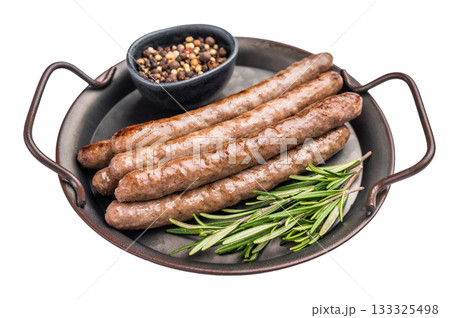 Juicy grilled sausage sizzling on the barbecue, perfect for summer cookouts and outdoor gatherings. isolated on white background. top view Juicy grilled sausage sizzling on the barbecue, perfect for summer cookouts and outdoor gatherings. isolated on white background. top view 133325498