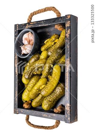 Sweet and tangy pickled cucumbers, ideal for enhancing burgers and wraps with a burst of flavor. isolated on white background. top view 133325500
