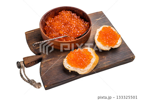 Salty salmon roe, red caviar, ideal for adding a touch of elegance to your culinary creations. isolated on white background. top view 133325501