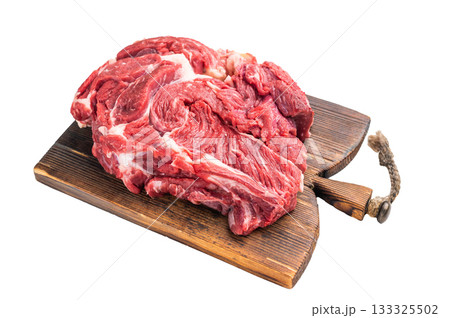Fresh raw beef neck meat, perfect for slow cooking and creating rich, flavorful stews and hearty dishes. isolated on white background. top view Fresh raw beef neck meat, perfect for slow cooking and creating rich, flavorful stews and hearty dishes. isolated on white background. top view 133325502