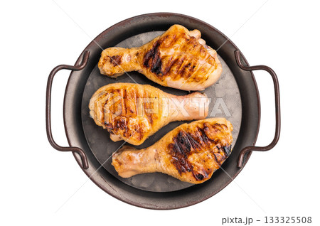 Savory BBQ chicken legs, drumsticks beautifully caramelized on the grill, ready to be enjoyed with your favorite dipping sauce. isolated on white background. top view Savory BBQ chicken legs, drumsticks beautifully caramelized on the grill, ready to be enjoyed with your favorite dipping sauce. isolated on white background. top view 133325508