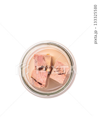 Versatile tinned canned tuna ready to elevate your recipes, from pasta dishes to hearty casseroles. isolated on white background. top view 133325580