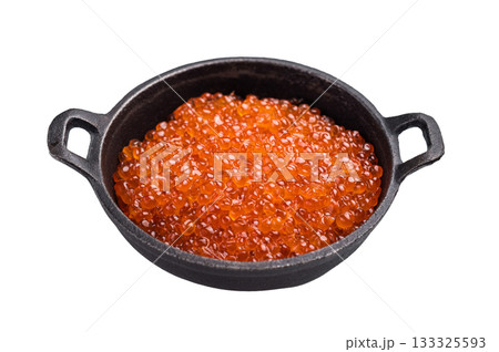 Fresh red caviar, bursting with flavor, perfect for spreading on toast or garnishing your favorite dishes. isolated on white background. top view Fresh red caviar, bursting with flavor, perfect for spreading on toast or garnishing your favorite dishes. isolated on white background. top view 133325593
