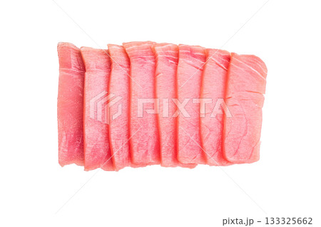 Premium quality tuna sashimi, expertly cut for maximum tenderness and taste, perfect for sushi enthusiasts. isolated on white background. top view 133325662